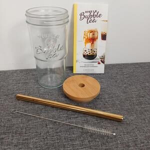 Larousse Vive Le Bubble Tea Kit Glass Cup Metal Straw French Recipe Book Set
